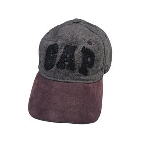 Vintage GAP 90s Spell Out Wool Hat Cap Grey & Plum S/M Strap Back Adjustable